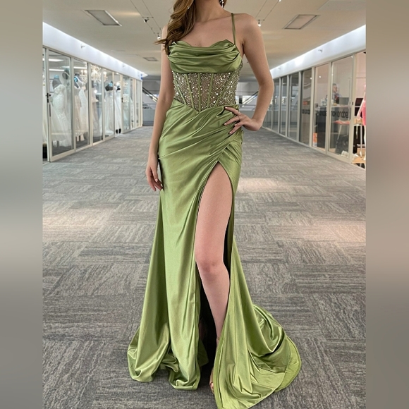 COPY - Black,sage,blue,corset style beaded fitted long open lace up back - Picture 8 of 9